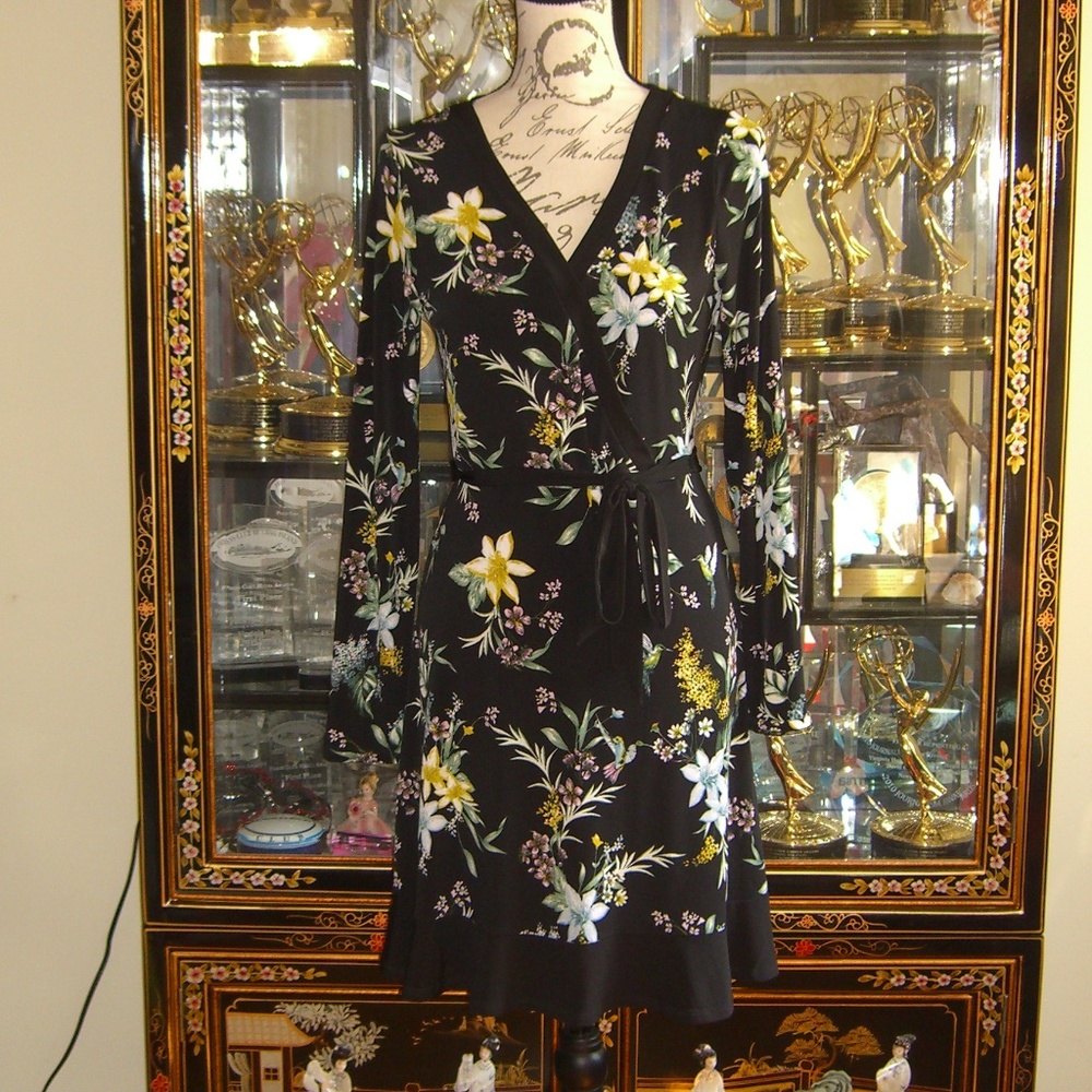 OASIS FLOWER HUMMINGBIRD PRINT FAUX WRAP DRESS S